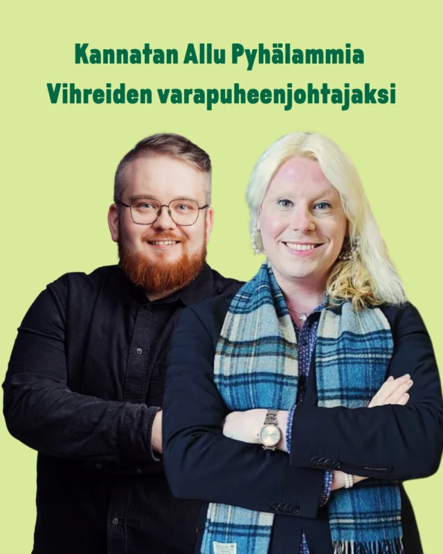 Vihreiden puoluejohto valitaan puoluekokouksessa Hämeenlinnan Aulangolla 7.-8.6.2025. 

Sofia Virta ja Anna Moring jatkavat puheenjohtajana ja puoluesihteerinä yksimielisesti ilman vasta-ehdokkaita.

Puoluekokouksessa valitaan varapuheenjohtajaa puolueelle. Itse kannatan Allu Pyhälammin valitsemista yhdeksi varapuheenjohtajista.

Valintani on Allu, koska hänellä on laaja kokemus Vihreiden järjestökentästä ja olemme tehneet hyvää yhteistyötä Hämeessä aiemmin. Pidän tärkeänä myös Allun kampanjateemaa eli Vihreiden yhteistyön ja yhdistystoiminnan kehittämistä. 

Nähdään puoluekokouksessa Hämeenlinnassa!

#vihreät #puoluekokous #alluvarapuheenjohtajaksi
