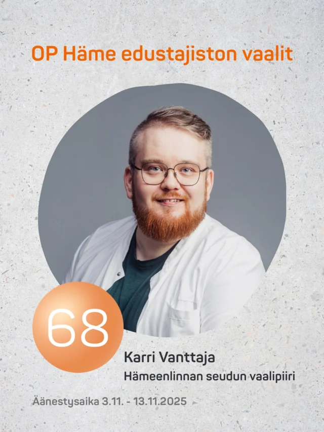 Olen ehdolla Hämeen Osuuspankin edustajistoon Hämeenlinnan seudun vaalipiirissä äänestysnumerolla 68. 

Haluan tuoda OP Hämeen edustajistossa vastuullisuutta ja päätöksiä, jotka tukevat paikallista hyvinvointia ja kestävää tulevaisuutta sekä ihmisille että ympäristölle.

Äänestysaika 3.11. - 13.11.2025 klo 16:00. op.fi/vaalit