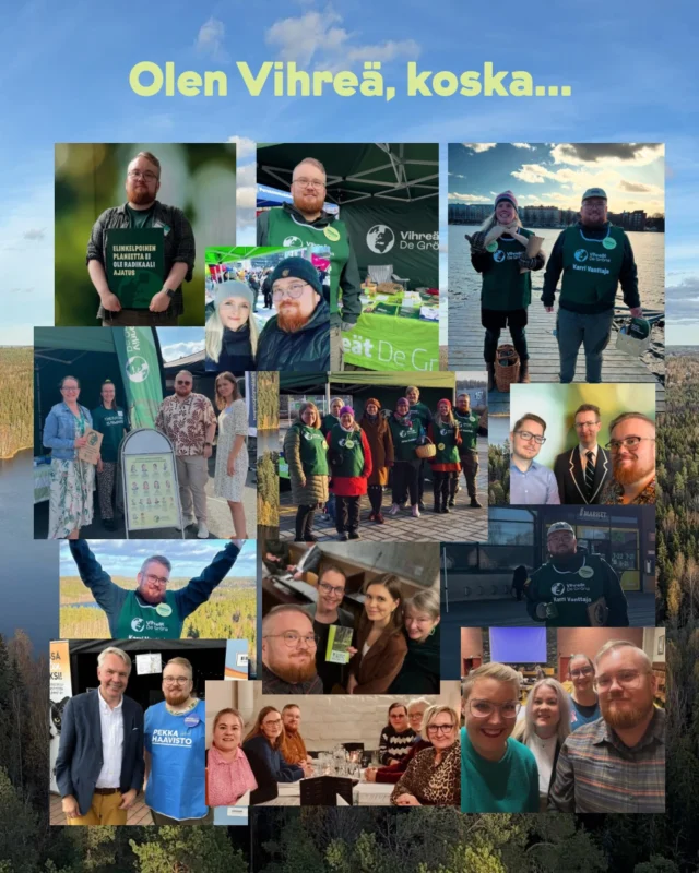 🌿 Tajusin jo nuorena, että vihreät vastaavat parhaiten arvomaailmaani. Liityin vihreisiin opiskeluaikana, koska minulle tärkeitä ovat luonto, tutkittuun tietoon perustuvat ratkaisut ja ihmisten yhdenvertaisuus. Mukaan politiikkaan lähdin ensimmäisissä aluevaaleissa.

Olen vihreä, koska
	🌍 meillä on vain yksi planeetta, ja sen tulee säilyä elinkelpoisena myös tuleville sukupolville
	🤝 uskon, että ihmisten ja ympäristön hyvinvointi kulkevat käsi kädessä
	💚 vihreisiin jokainen on tervetullut omana itsenään
	⚖️ vihreät haluavat edistää ihmisten hyvinvointia yhdenvertaisesti
	🔎 vihreiden keinot ovat käytännöllisiä ja pitkäjänteisiä: ratkaisuja etsitään tiedon, yhteistyön ja kestävien valintojen kautta

Tämä on se arvopohja, jonka kanssa haluan seistä ja toimia.
💚 Siksi olen vihreä nyt ja jatkossakin. Tervetuloa mukaan!