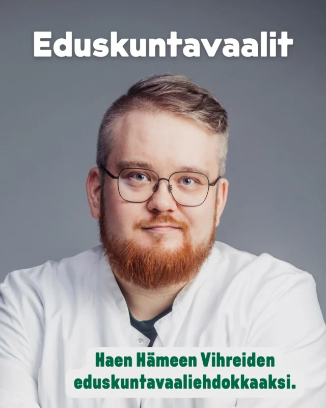 Eduskuntavaaliuutisia! Lähden ehdolle Vihreiden eduskuntavaaliehdokkaaksi Hämeessä. Piirijärjestön kevätkokous päättää toukokuussa ensimmäisten ehdokkaiden nimeämisestä.

Olen Karri Vanttaja, 36-vuotias geriatrian erikoislääkäri Hämeenlinnasta. Haen Hämeen Vihreiden eduskuntavaaliehdokkaaksi, koska haluan tuoda sote-järjestelmän kehittämiseen ja hyvinvointipolitiikkaan vahvaa asiantuntemusta vihreitä arvoja unohtamatta.

Työskentelen kliinisenä opettajana Tampereen yliopistossa, väitöskirjatutkijana sekä kotihoidon lääkärinä Oma Hämeessä. Luottamustehtävissä toimin Hämeenlinnan kaupunginvaltuutettuna sekä Kanta-Hämeen hyvinvointialueella aluevaltuutettuna ja aluehallituksen jäsenenä. Lisäksi olen Hämeenlinnan Vihreiden hallituksen jäsen ja Hämeen Vihreiden piirihallituksen varajäsen.

Minulle on tärkeää, että sote-palvelut ovat vaikuttavia, yhdenvertaisia sekä taloudellisesti ja ekologisesti kestäviä. Haluan edistää hyvinvointia, joka on linjassa planetaarisen hyvinvoinnin kanssa.

Rakennetaan Hämeeseen vahva vihreä kampanja yhdessä – rakentava yhteistyö on menestyksen perusta. Tervetuloa mukaan tekemään kampanjaa!

Hämeenlinnan Vihreiden kevätkokous huhtikuussa päättää ehdokkuuteeni esittämisestä Hämeen Vihreille.

#eduskuntavaalit2026 #hämeenvihreät #hämeenlinnanvihreät